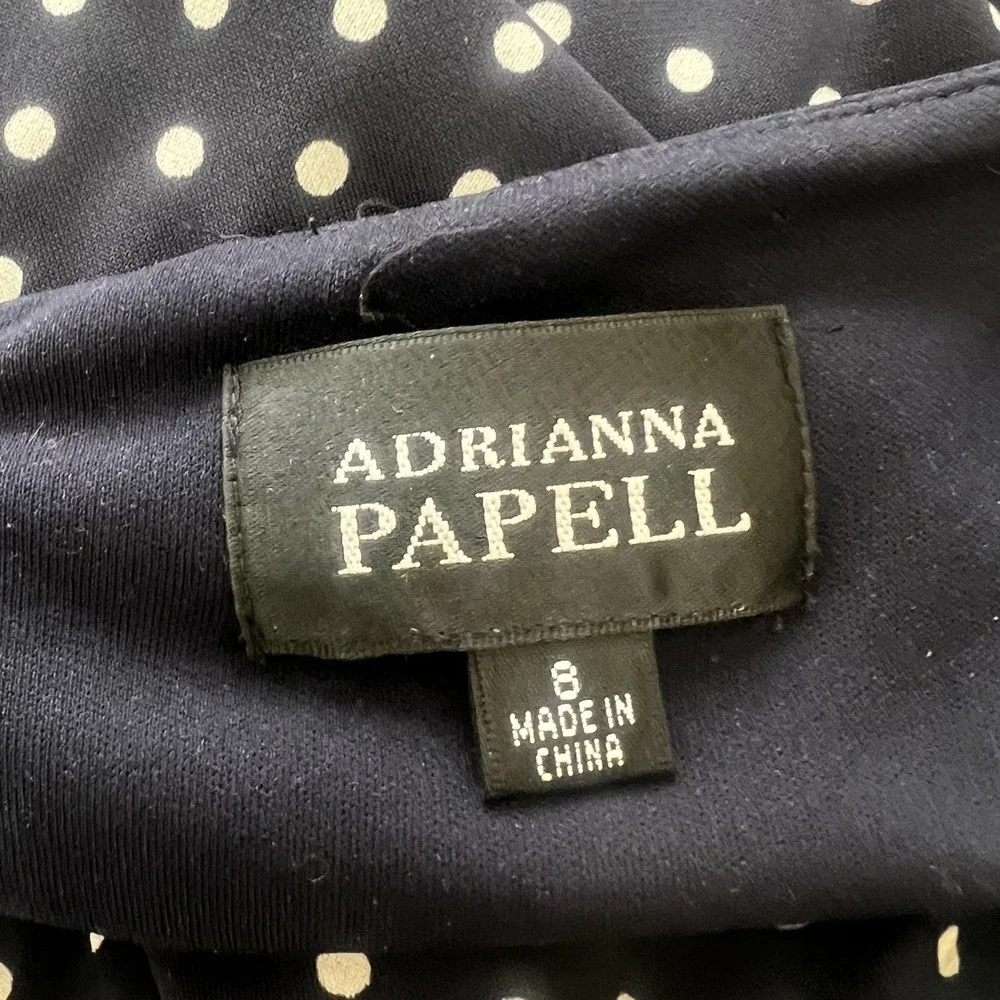 Adrianna Papell Dress Sz 8 Polka Dot‎ Ruched Slimming Blue White Preppy Career